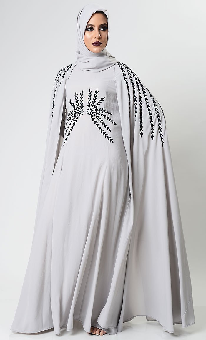 Gray Dramatic Lavish Embroiderd Abaya - EastEssence.com