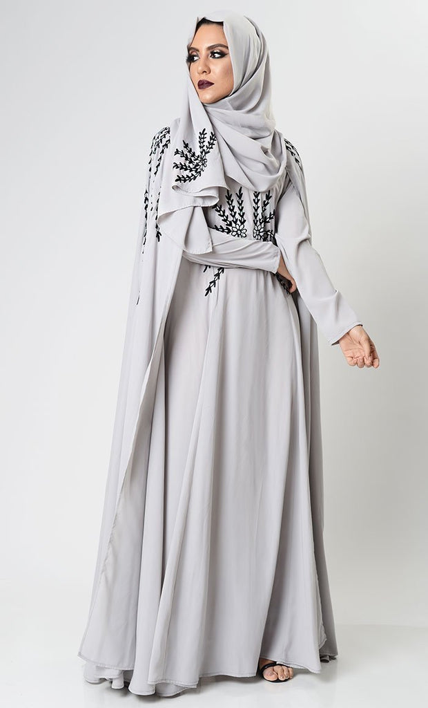 Gray Dramatic Lavish Embroiderd Abaya - EastEssence.com