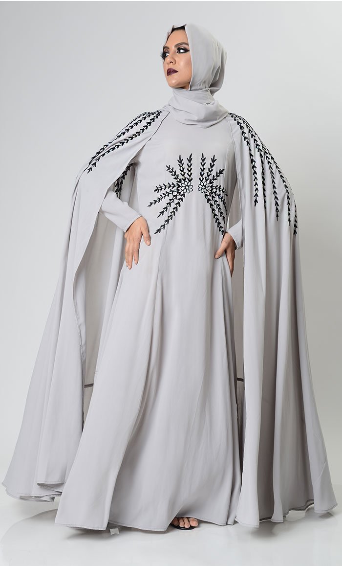 Gray Dramatic Lavish Embroiderd Abaya - EastEssence.com