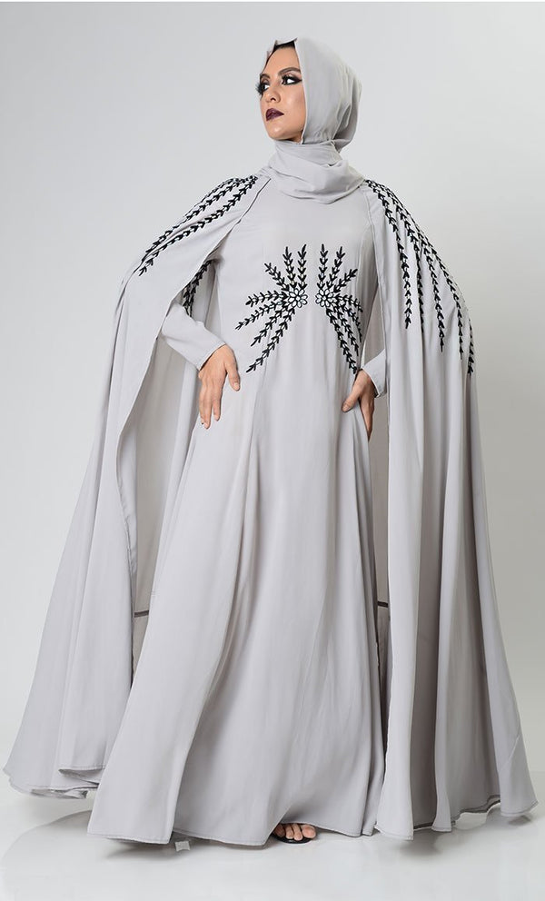 Gray Dramatic Lavish Embroiderd Abaya - EastEssence.com