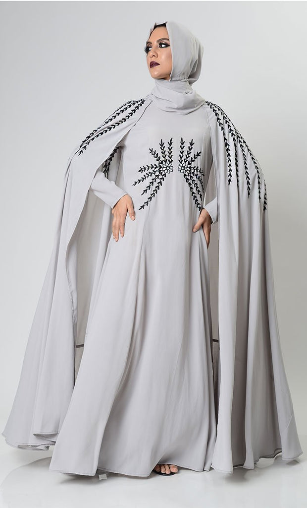 Gray Dramatic Lavish Embroiderd Abaya - EastEssence.com