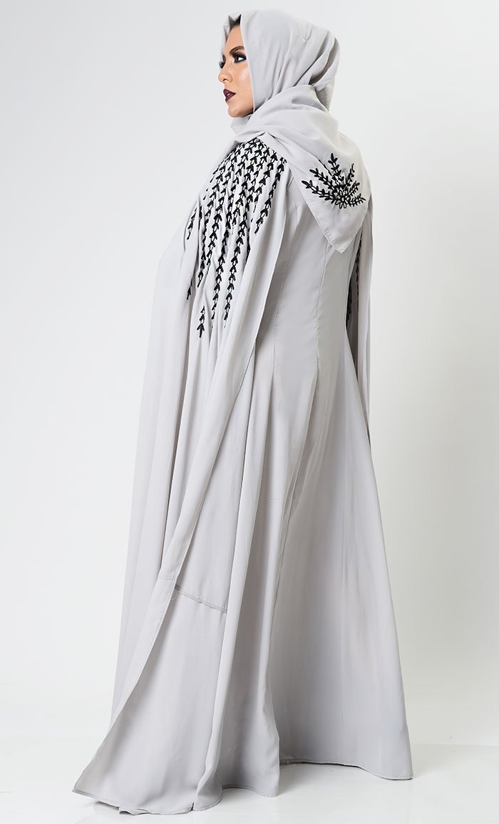 Gray Dramatic Lavish Embroiderd Abaya - EastEssence.com
