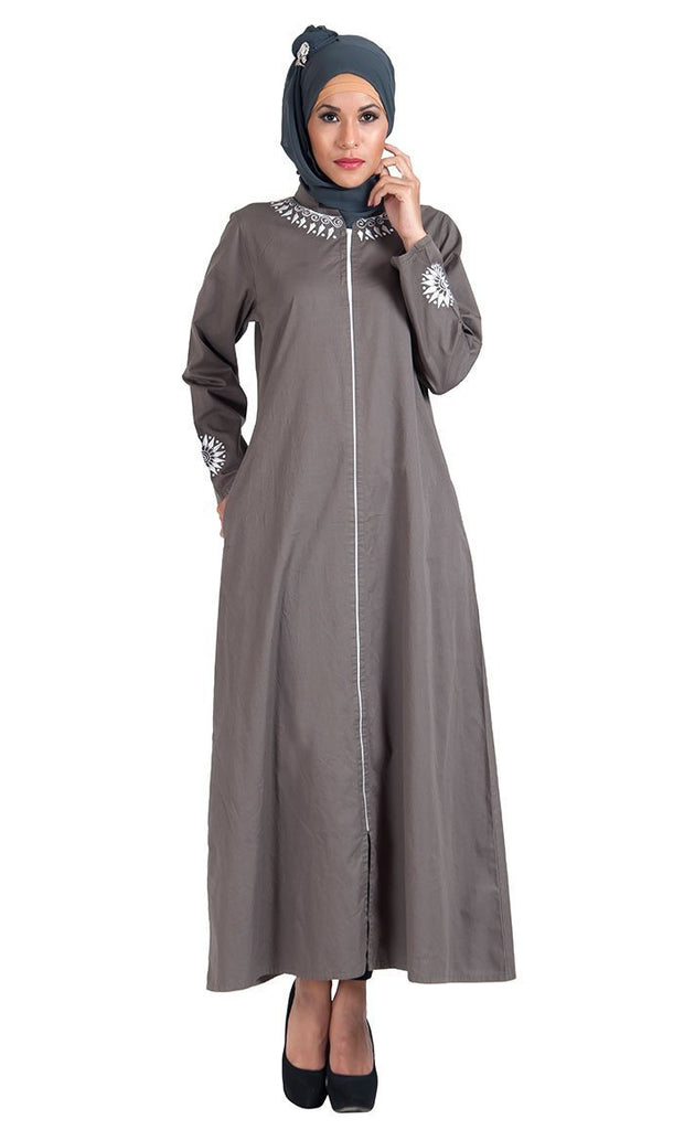 Grey Cotton Twill Full Zipper Front Open Abaya/ Jilbab Dress - EastEssence.com