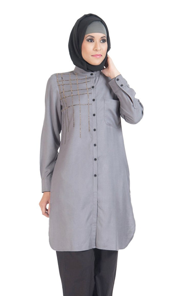 Grey Designer Hand Embroidered Beadwork Rayon Shirt - EastEssence.com