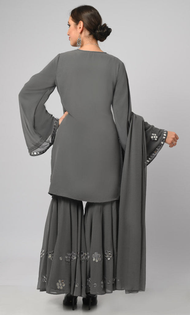 Grey Georgette Muslim Designer Flared Palazzo Kurta Set With Duppata - EastEssence.com