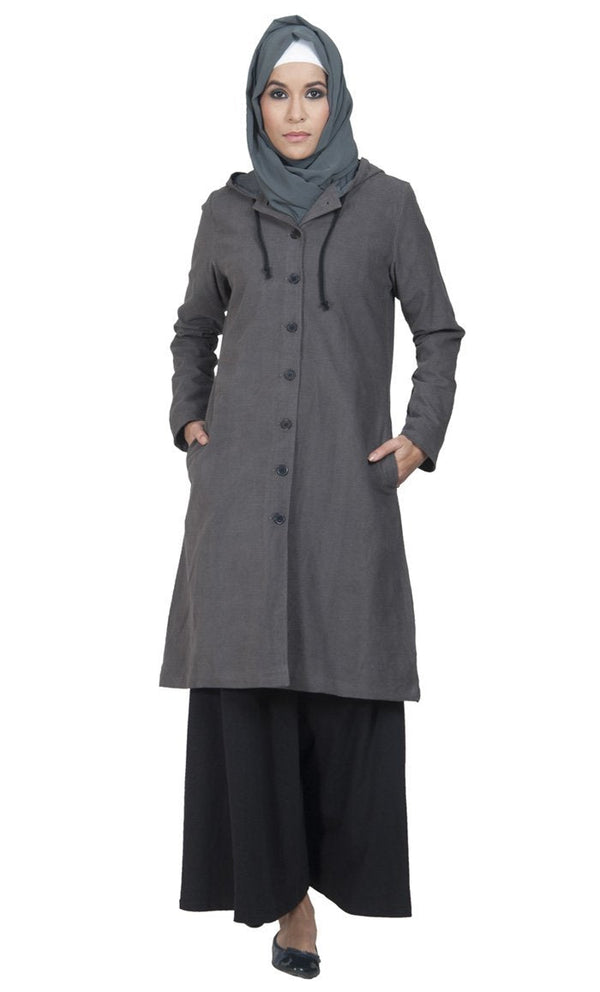 Grey Hooded Corduroy Jacket - EastEssence.com