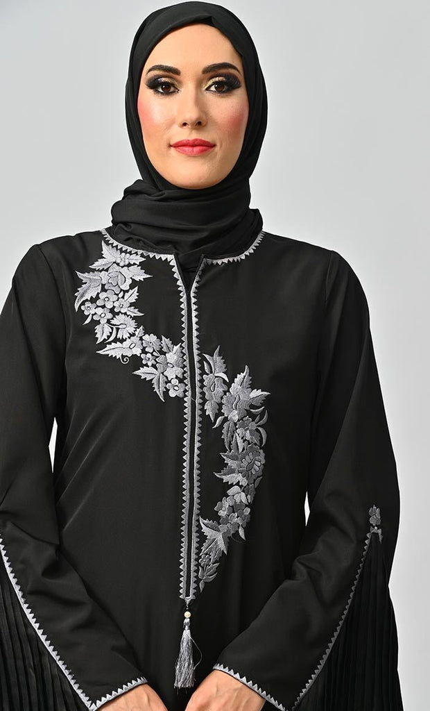 Grey Islamic Embroidered Abaya With Front Tassel And Bell Sleeves - EastEssence.com