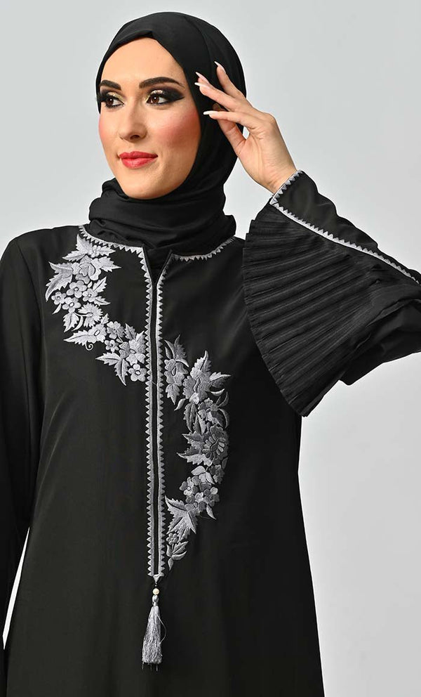 Grey Islamic Embroidered Abaya With Front Tassel And Bell Sleeves - EastEssence.com