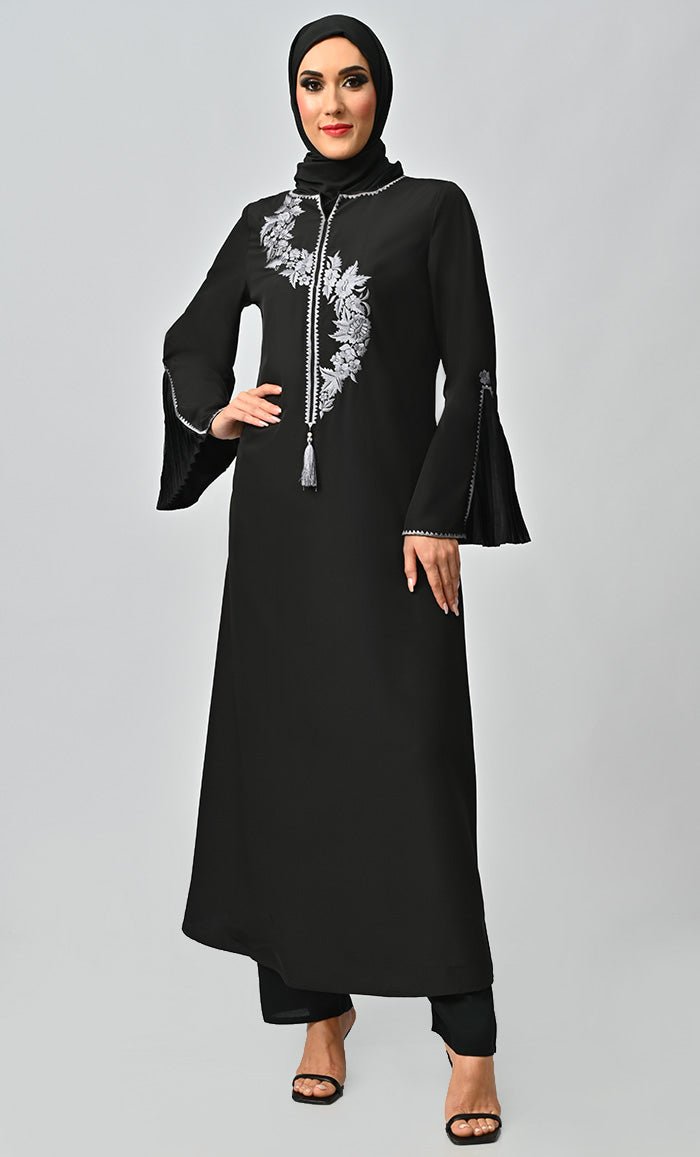 Grey Islamic Embroidered Abaya With Front Tassel And Bell Sleeves - EastEssence.com