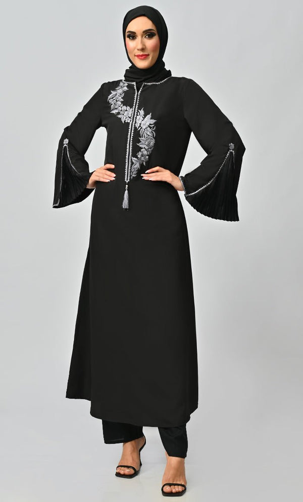 Grey Islamic Embroidered Abaya With Front Tassel And Bell Sleeves - EastEssence.com