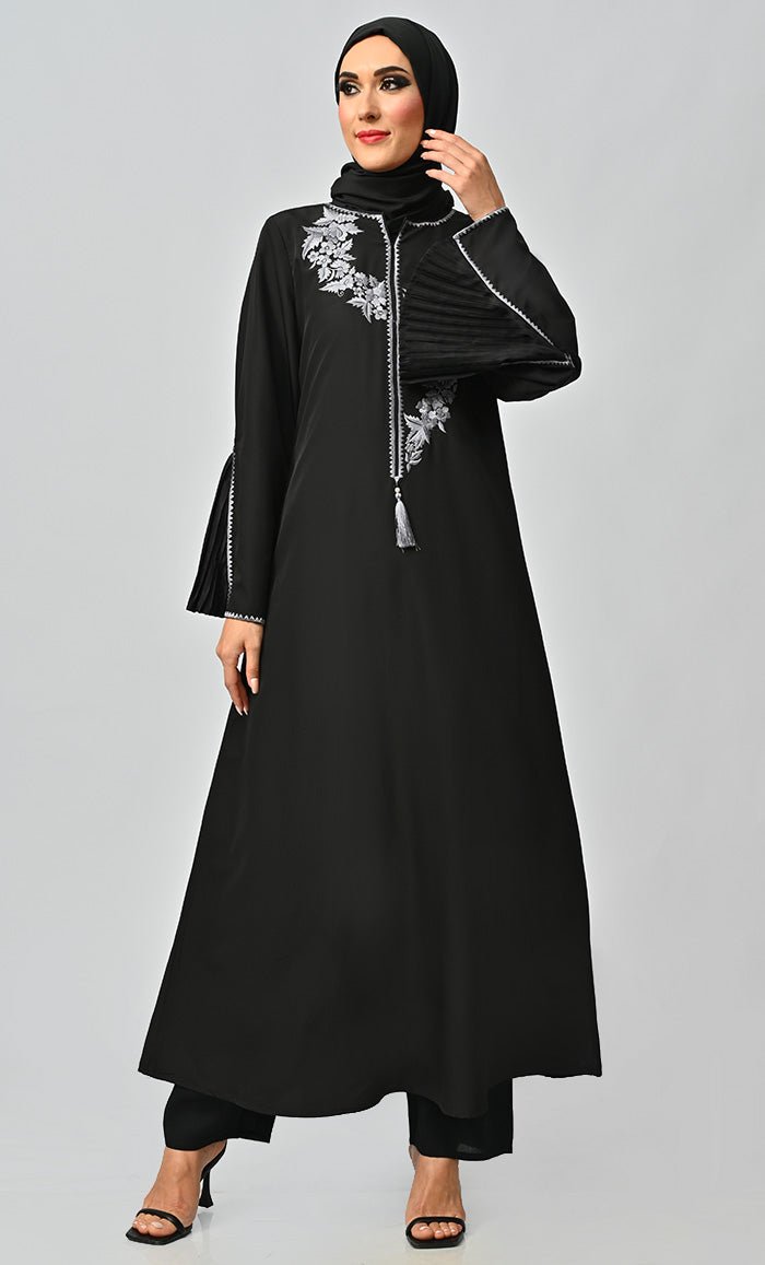 Grey Islamic Embroidered Abaya With Front Tassel And Bell Sleeves - EastEssence.com