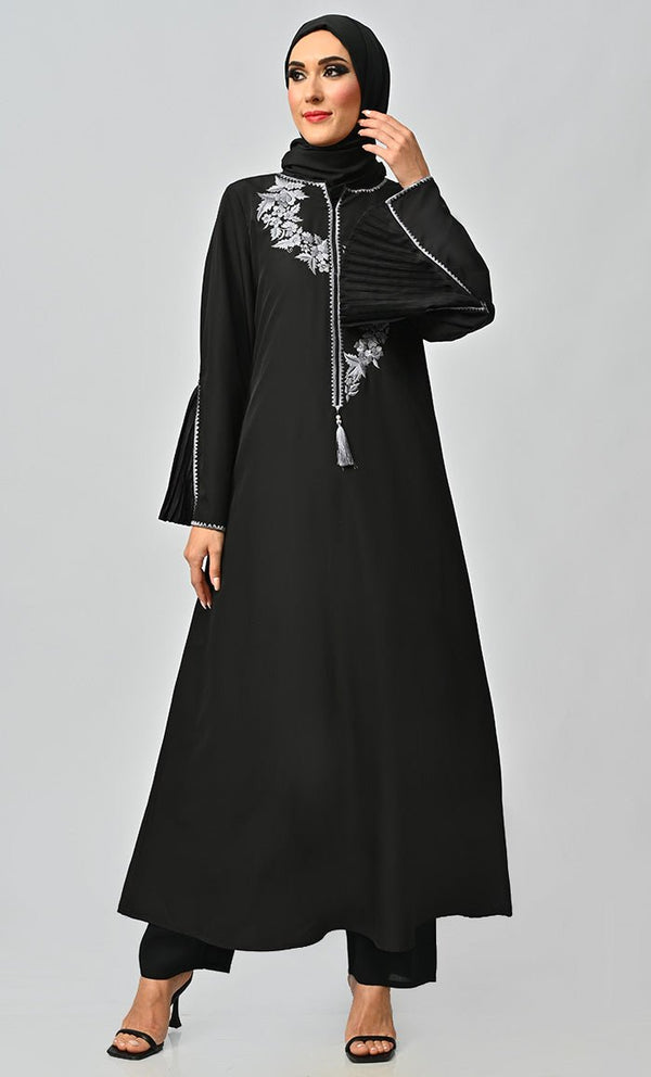 Grey Islamic Embroidered Abaya With Front Tassel And Bell Sleeves - EastEssence.com