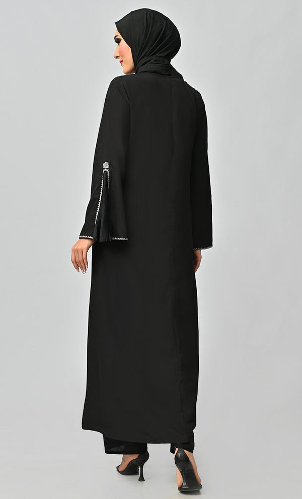Grey Islamic Embroidered Abaya With Front Tassel And Bell Sleeves - EastEssence.com