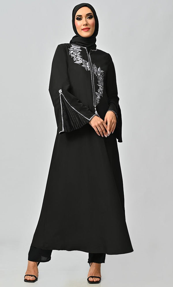 Grey Islamic Embroidered Abaya With Front Tassel And Bell Sleeves - EastEssence.com