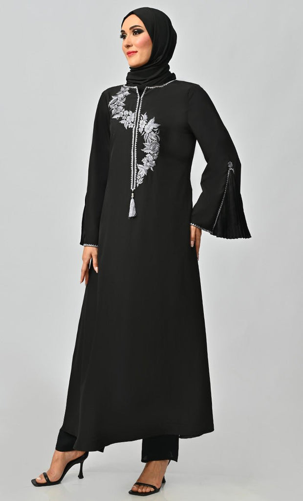 Grey Islamic Embroidered Abaya With Front Tassel And Bell Sleeves - EastEssence.com