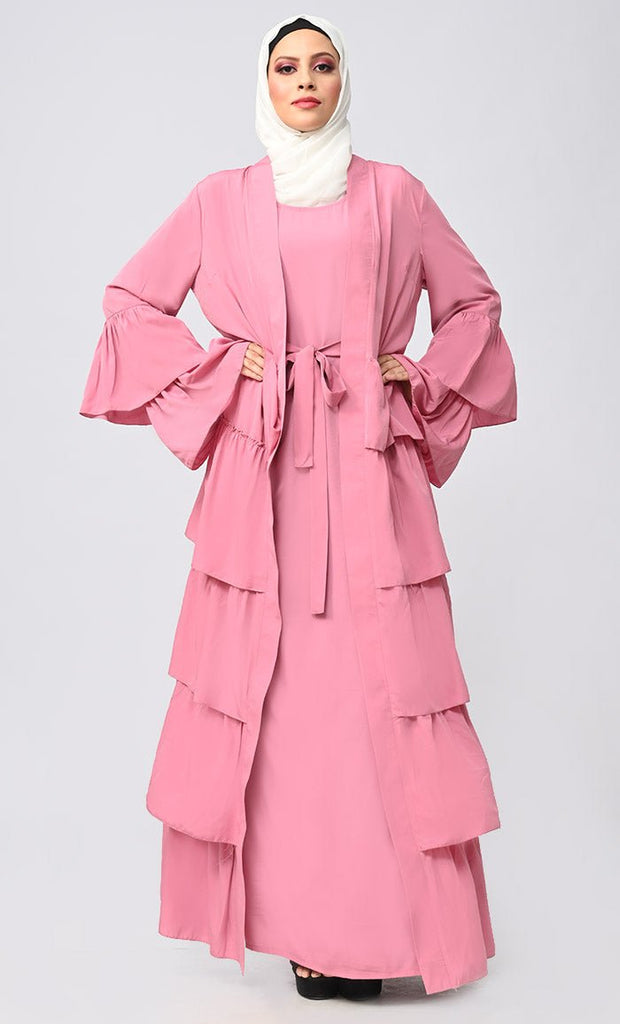 Grey Opulence: Islamic Modest Tiered Abaya Dress With Inner Lining - EastEssence.com
