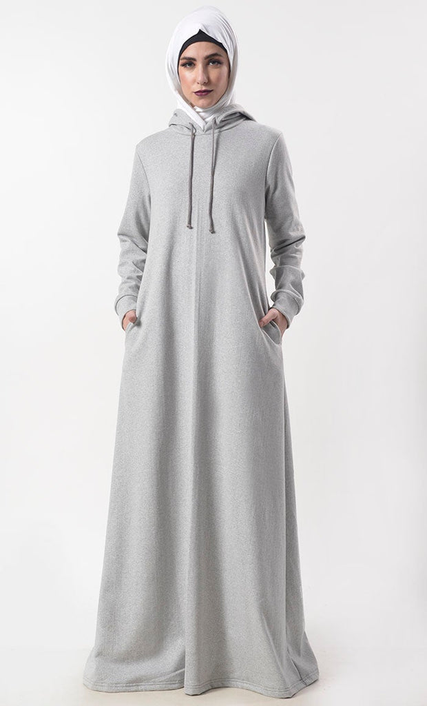 Grey Warm Fleece Hoody Abaya With Pockets - EastEssence.com