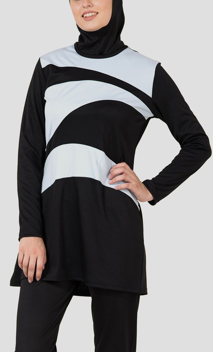 Grey Wavy Panel Detail Swimwear Burkini Three Piece Set-Final Sale - EastEssence.com