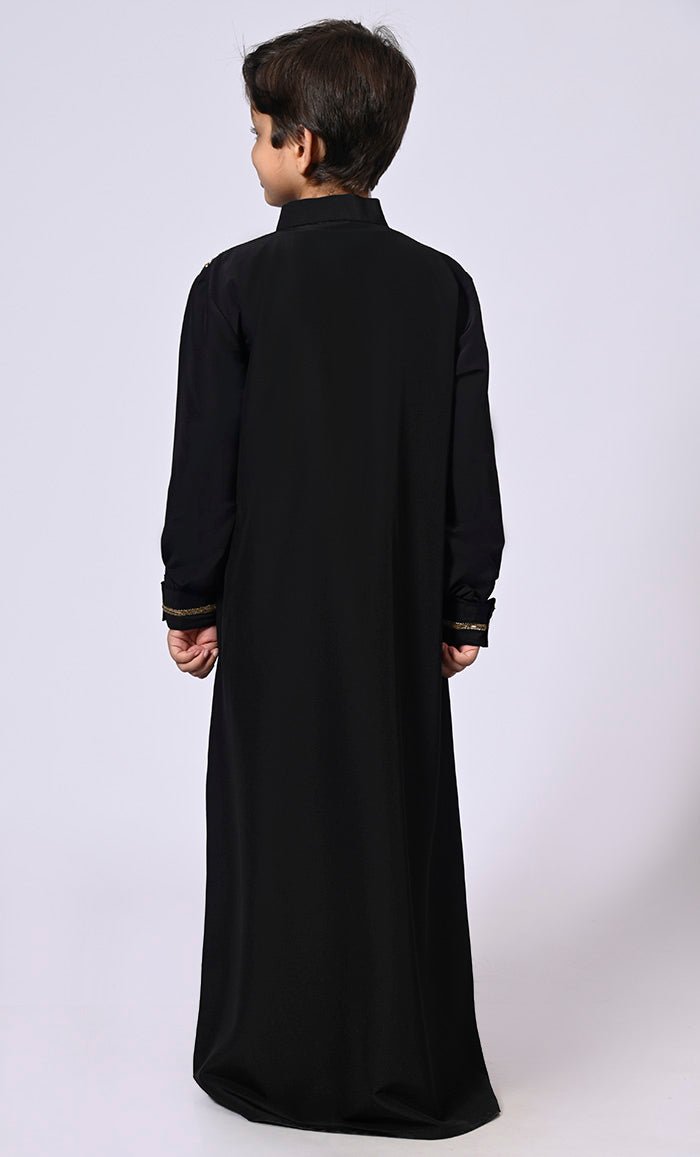 Handcrafted Elegance: Traditional Boy's Black Thobe with Intricate Details - EastEssence.com