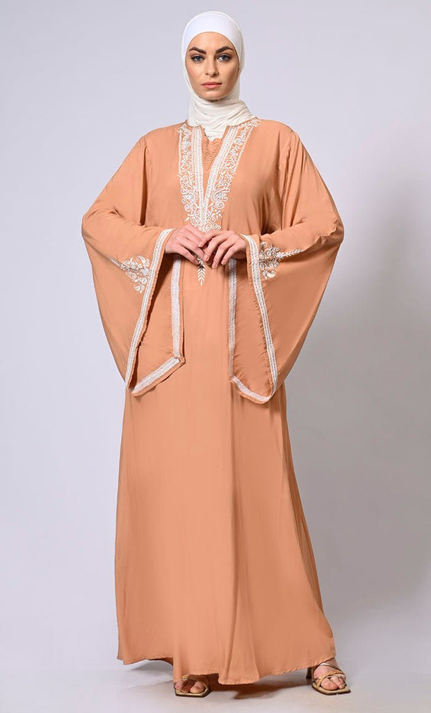 Handcrafted & Machine Embroidered Bell Sleeves Abaya - EastEssence.com