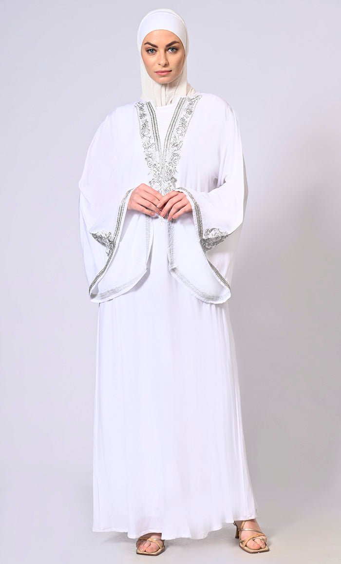 Handcrafted & Machine Embroidered Bell Sleeves White Abaya - EastEssence.com