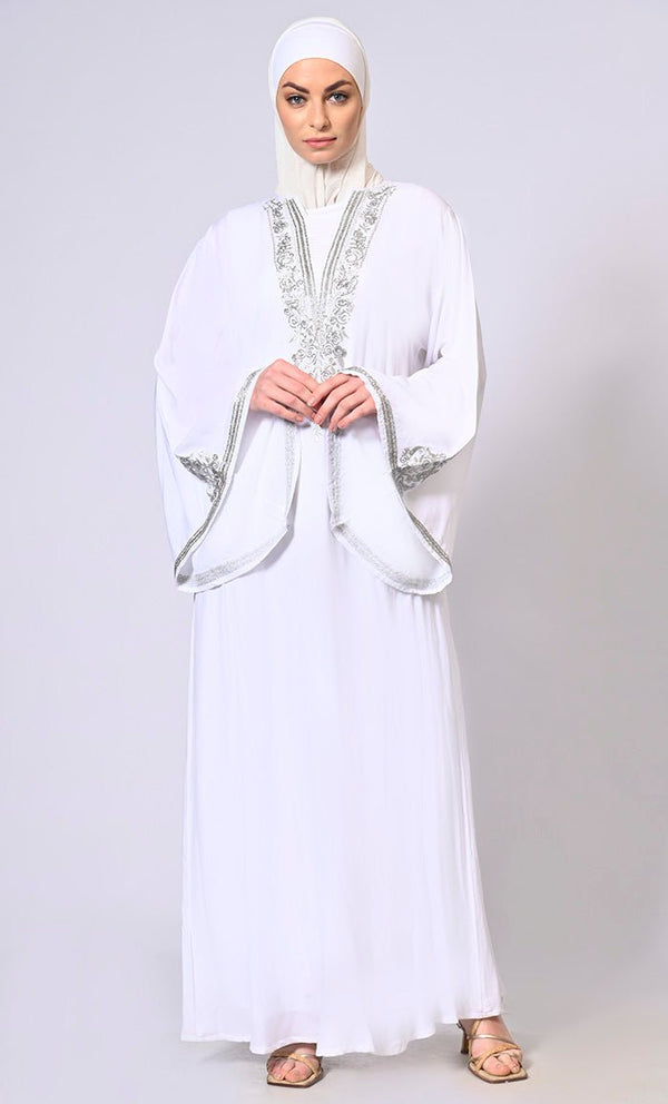 Handcrafted & Machine Embroidered Bell Sleeves White Abaya - EastEssence.com