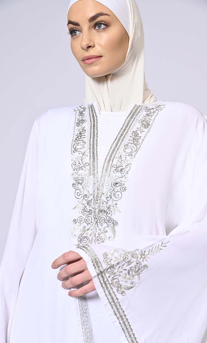 Handcrafted & Machine Embroidered Bell Sleeves White Abaya - EastEssence.com
