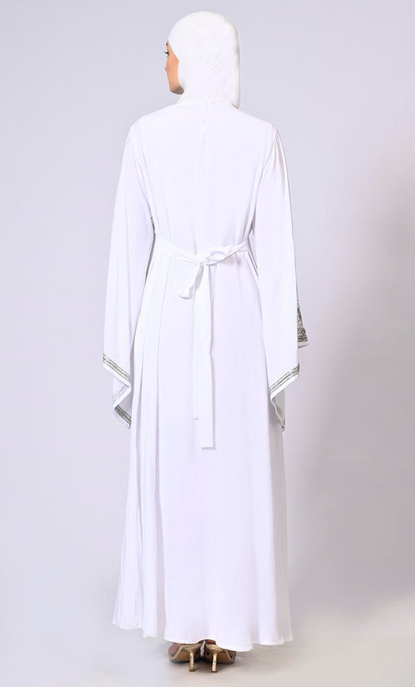 Handcrafted & Machine Embroidered Bell Sleeves White Abaya - EastEssence.com