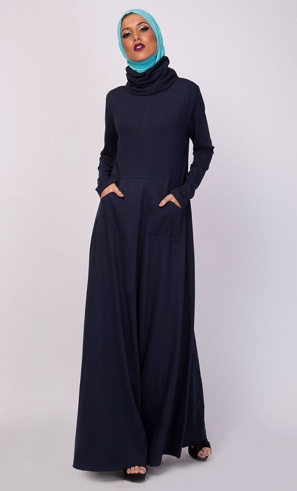 High Neck Collared And Pockets Detail Abaya Dress - EastEssence.com