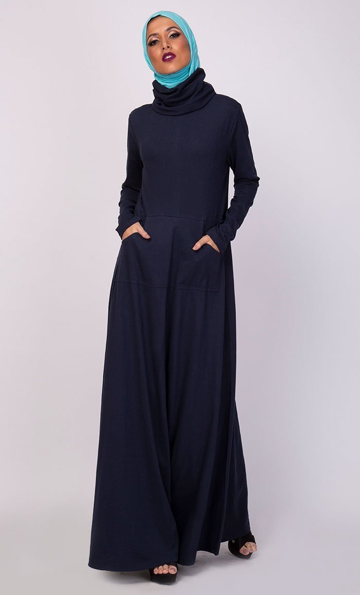 High Neck Collared And Pockets Detail Abaya Dress - EastEssence.com