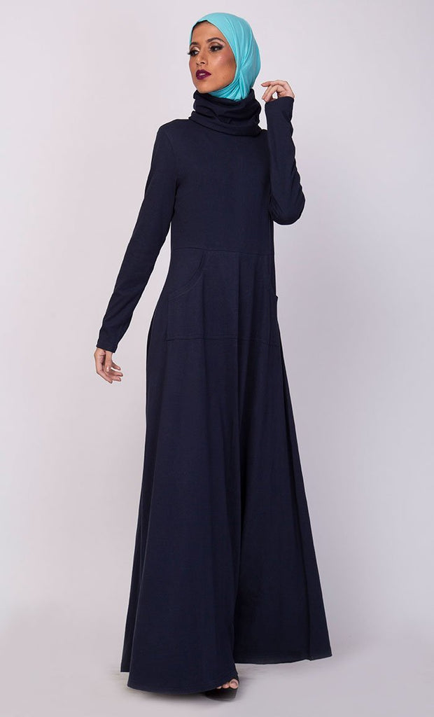 High Neck Collared And Pockets Detail Abaya Dress - EastEssence.com