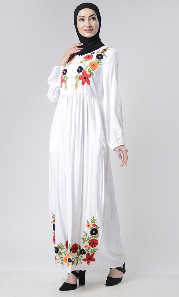Intricate Floral Embroidery Abaya With Pockets - EastEssence.com