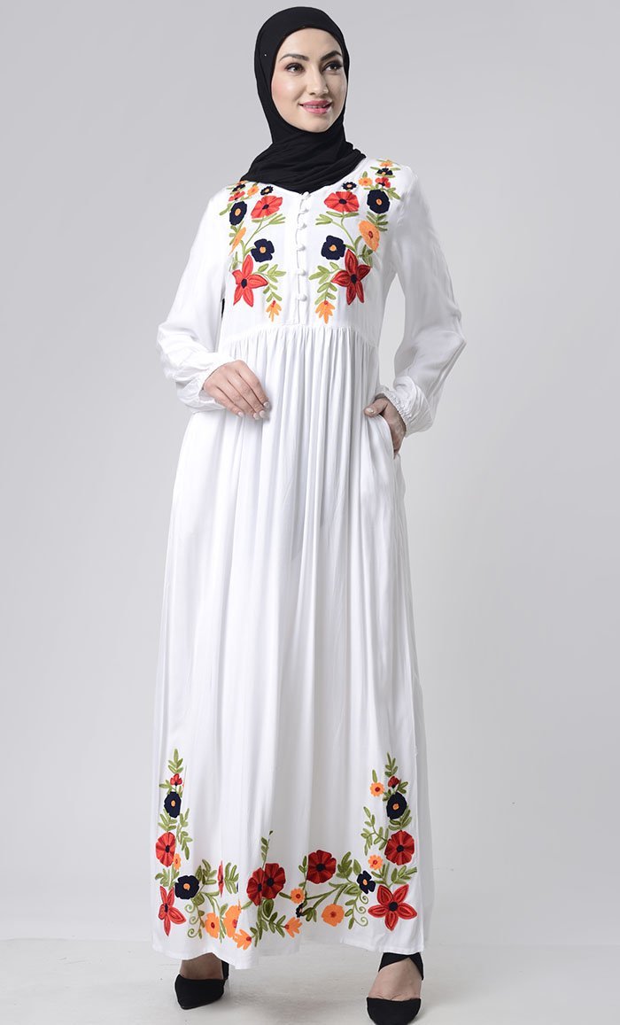 Intricate Floral Embroidery Abaya With Pockets - EastEssence.com