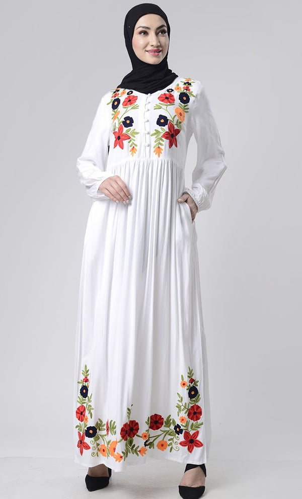 Intricate Floral Embroidery Abaya With Pockets - EastEssence.com
