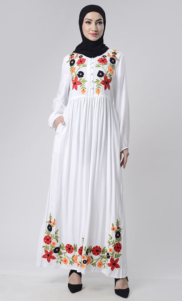 Intricate Floral Embroidery Abaya With Pockets - EastEssence.com