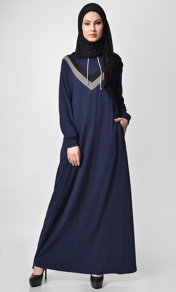 Inverted Color Contast Jersey Abaya-Navy - EastEssence.com