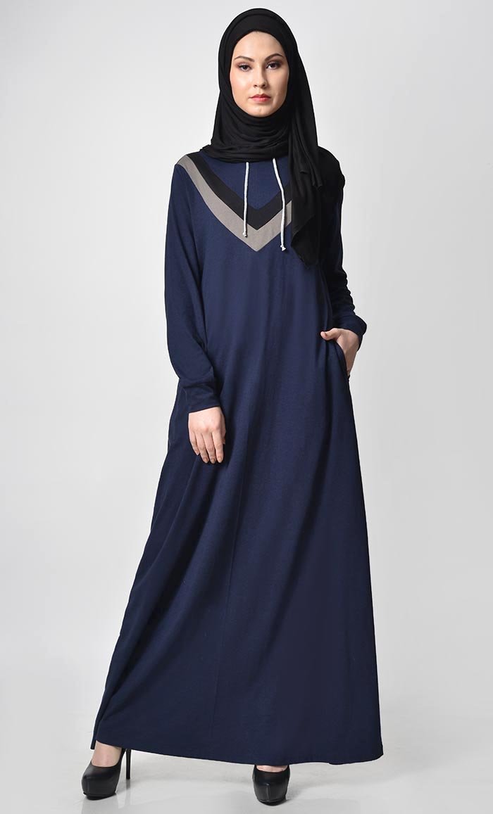 Inverted Color Contast Jersey Abaya-Navy - EastEssence.com