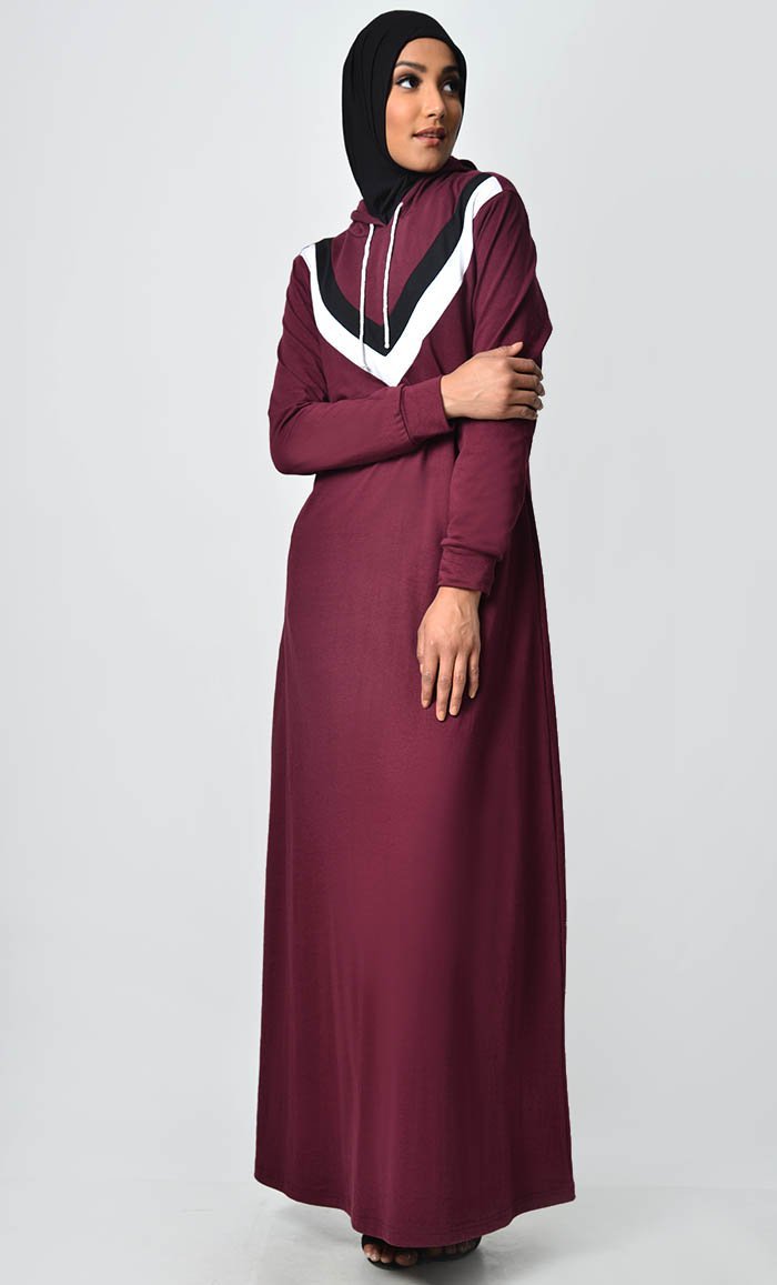 Inverted Color Contast Jersey Abaya-Wine - EastEssence.com