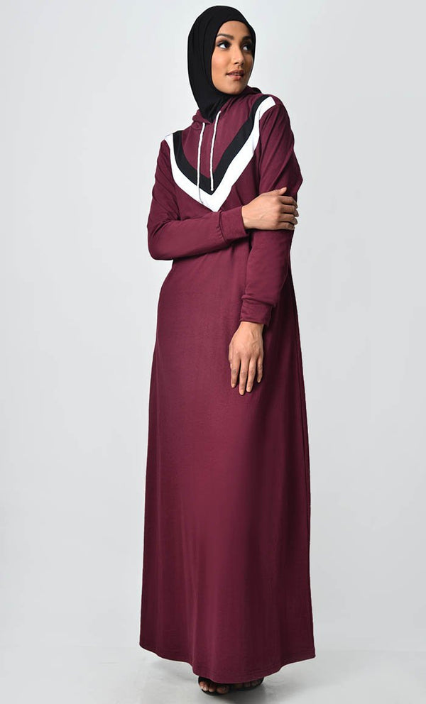 Inverted Color Contast Jersey Abaya-Wine - EastEssence.com