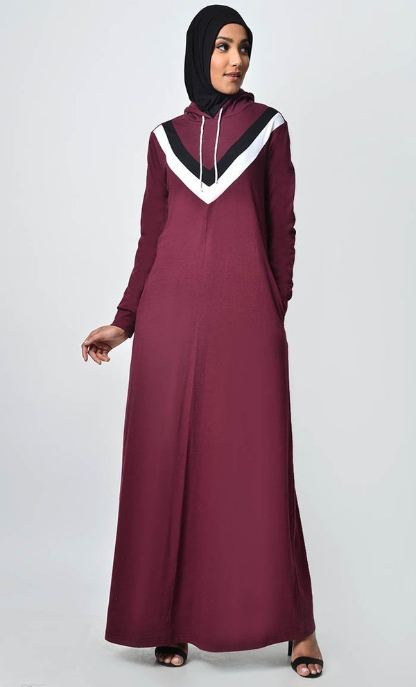 Inverted Color Contast Jersey Abaya-Wine - EastEssence.com