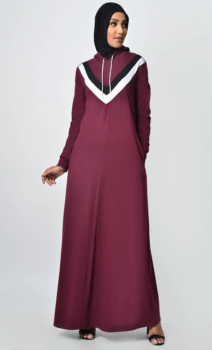 Abaya en jersey à contraste de couleurs inversé - Bordeaux