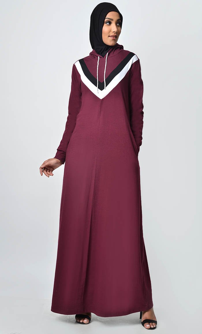 Inverted Color Contast Jersey Abaya-Wine - EastEssence.com