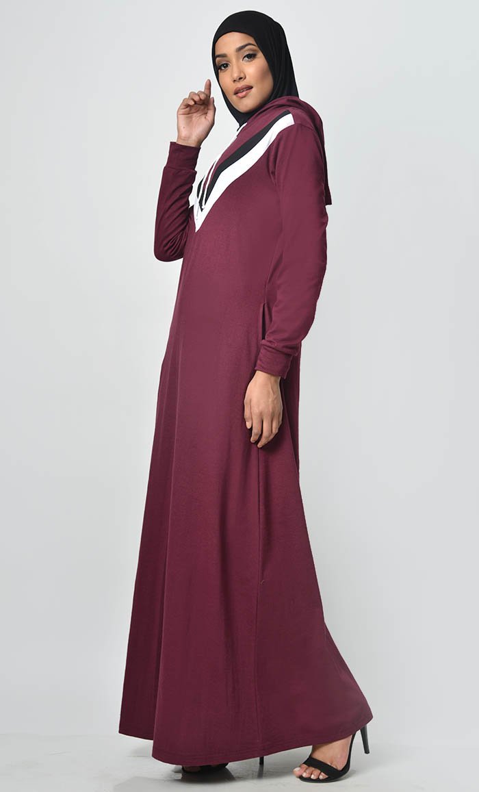 Inverted Color Contast Jersey Abaya-Wine - EastEssence.com