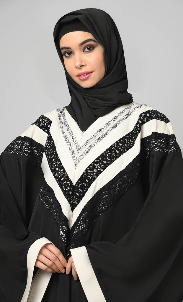 Irani Black Intricate Lace Detailing Kaftan Long Abaya - EastEssence.com
