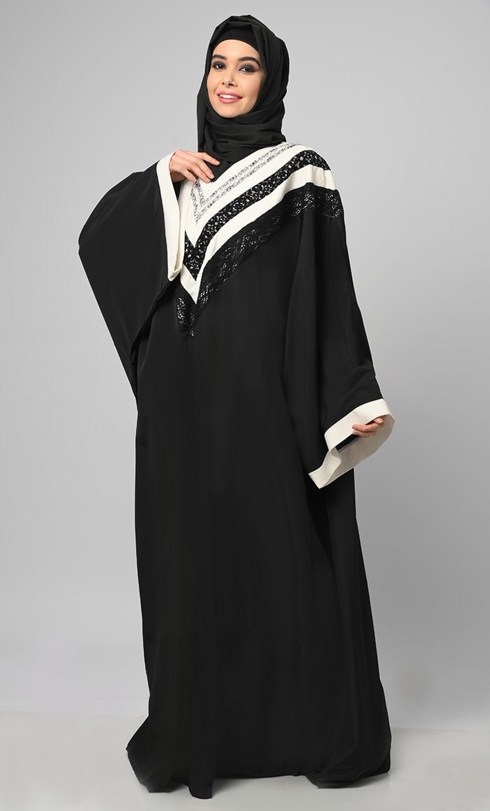 Irani Black Intricate Lace Detailing Kaftan Long Abaya - EastEssence.com