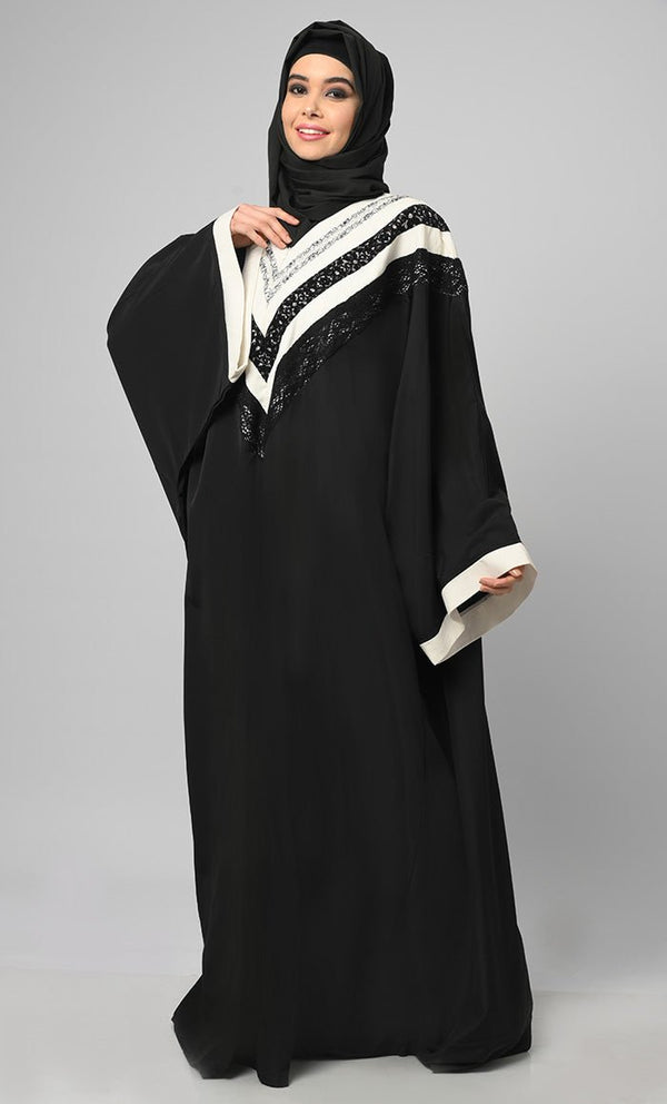 Irani Black Intricate Lace Detailing Kaftan Long Abaya - EastEssence.com