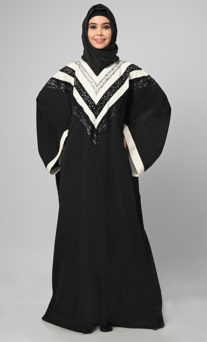 Irani Black Intricate Lace Detailing Kaftan Long Abaya - EastEssence.com