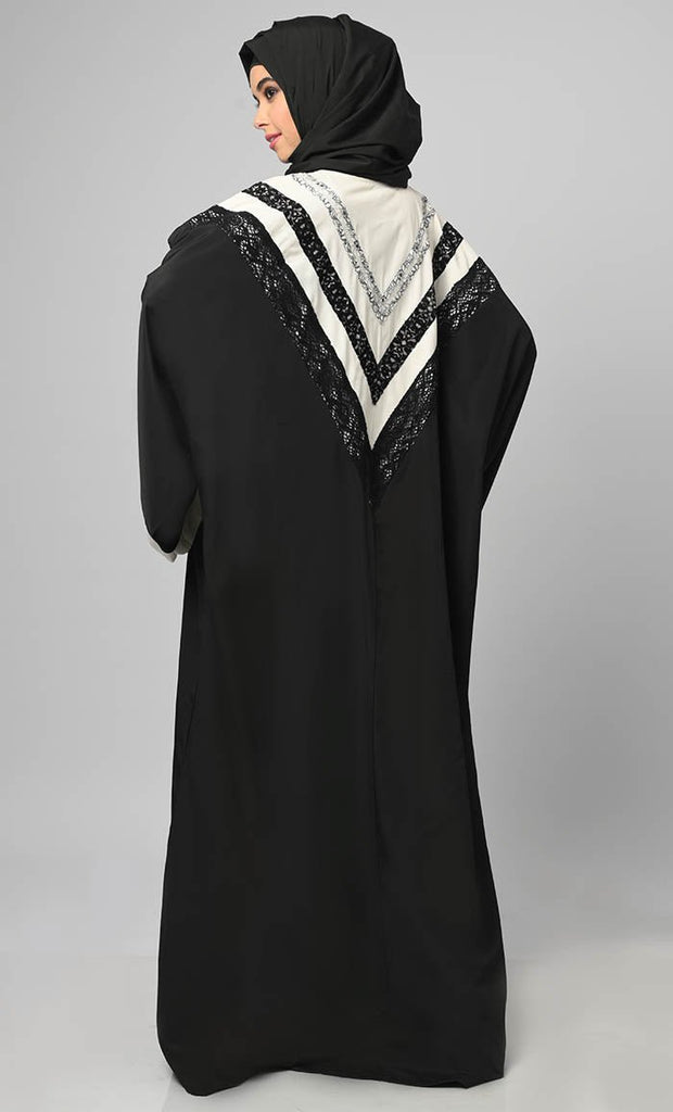 Irani Black Intricate Lace Detailing Kaftan Long Abaya - EastEssence.com