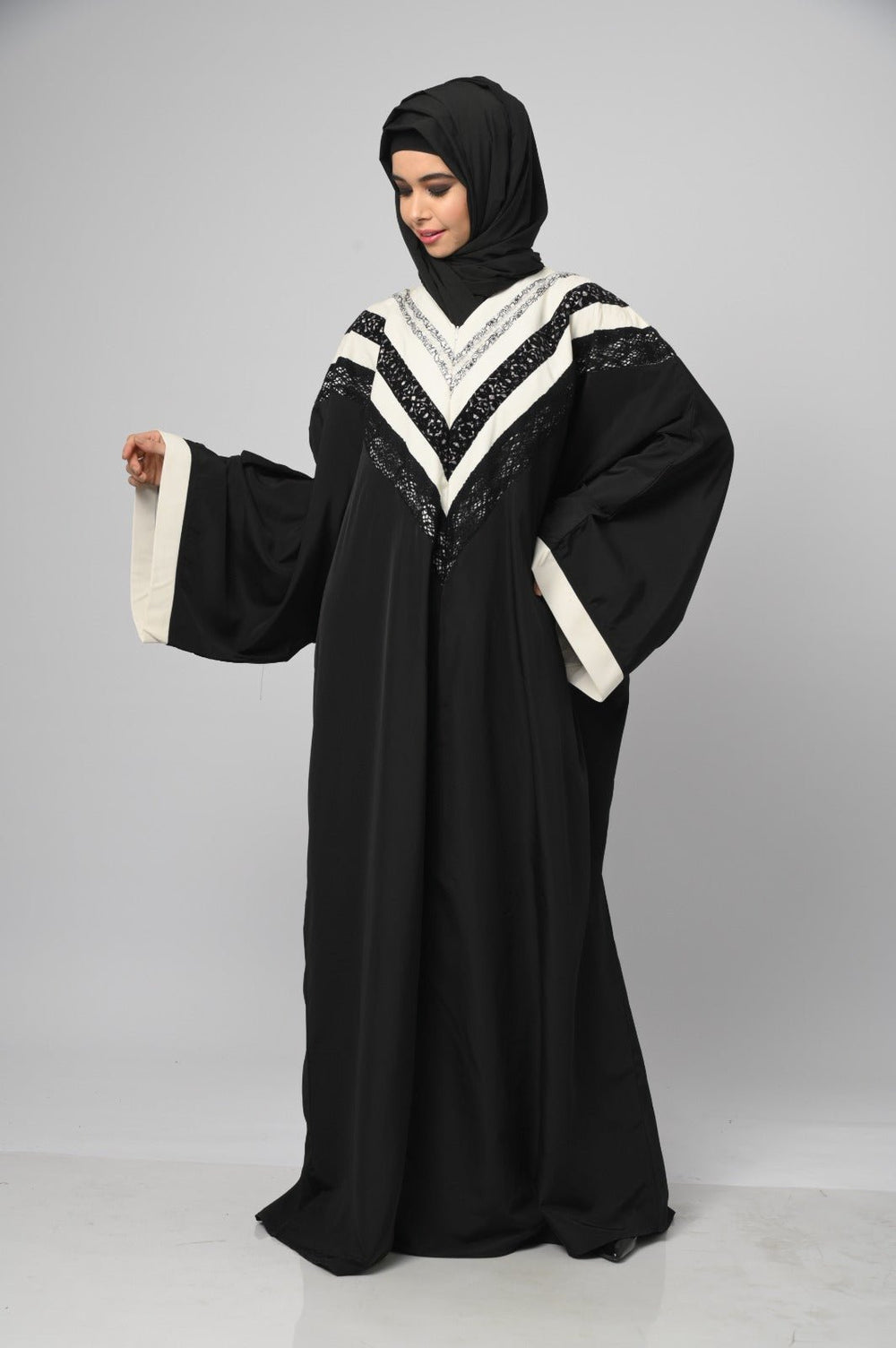 Irani Black Intricate Lace Detailing Kaftan Long Abaya - EastEssence.com