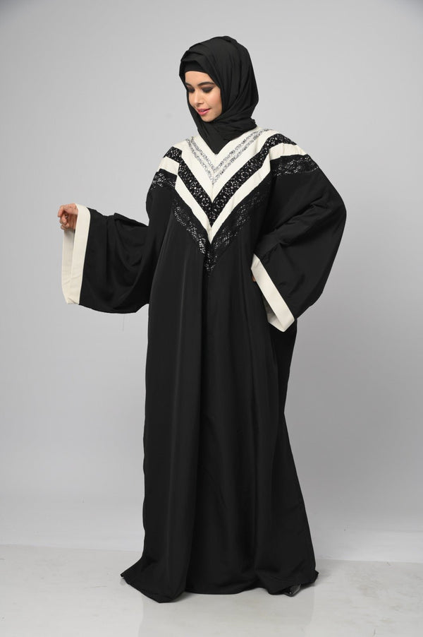 Irani Black Intricate Lace Detailing Kaftan Long Abaya - EastEssence.com